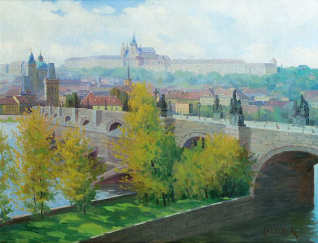 View of Prague Castle over the Charles Bridge by Czech painter Stanislav Feikl